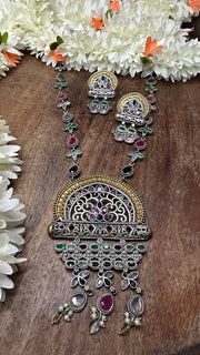 Dual tone Multi color stone long necklace