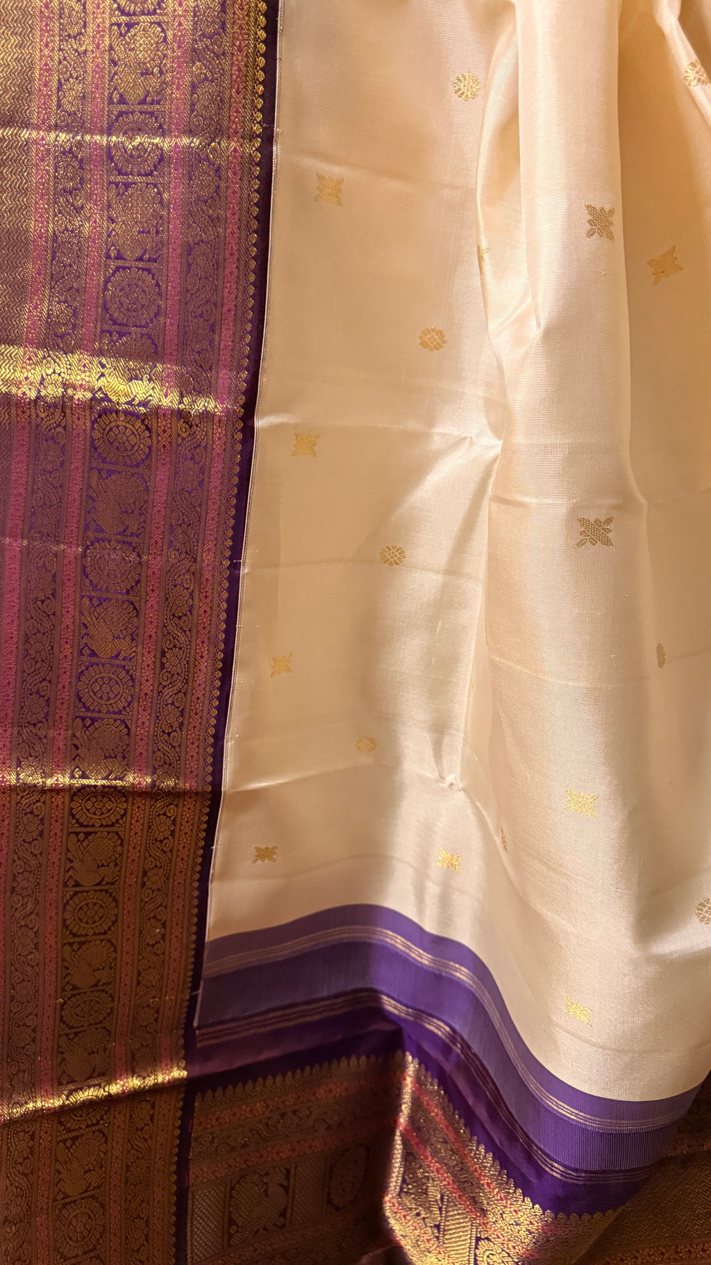 Handloom Kanchivaram handloom pure silk saree, off white with purple border