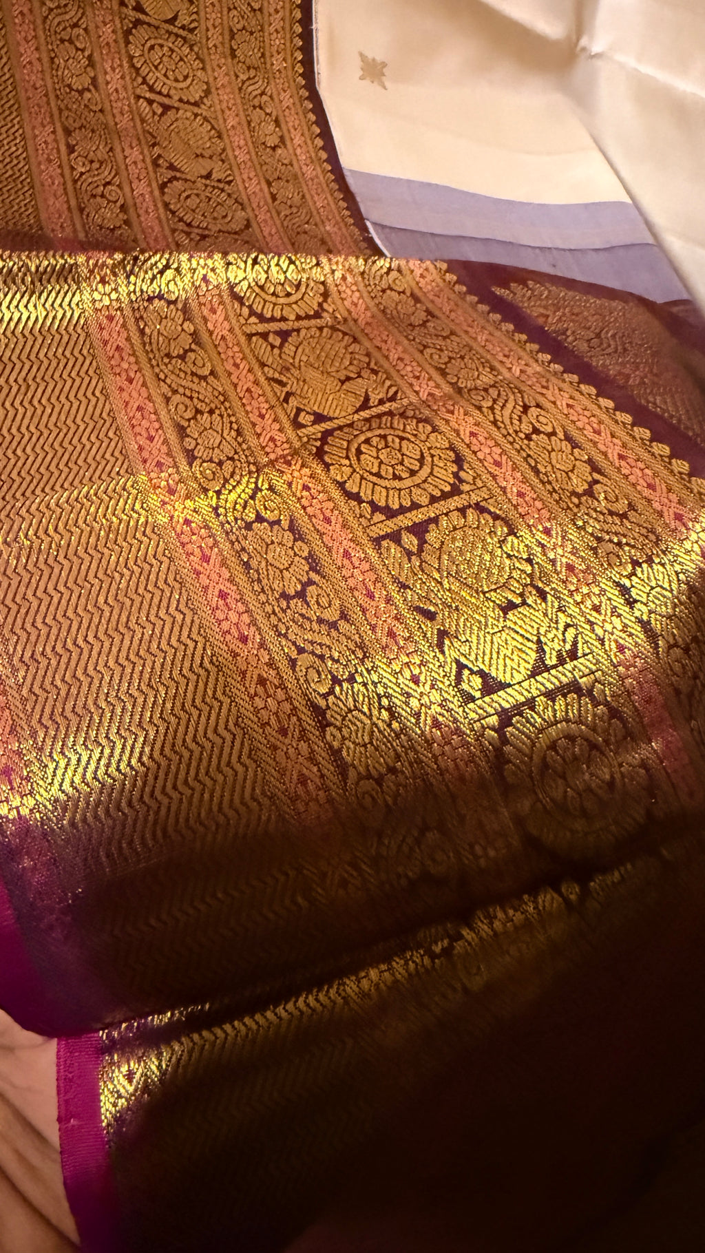 Handloom Kanchivaram handloom pure silk saree, off white with purple border