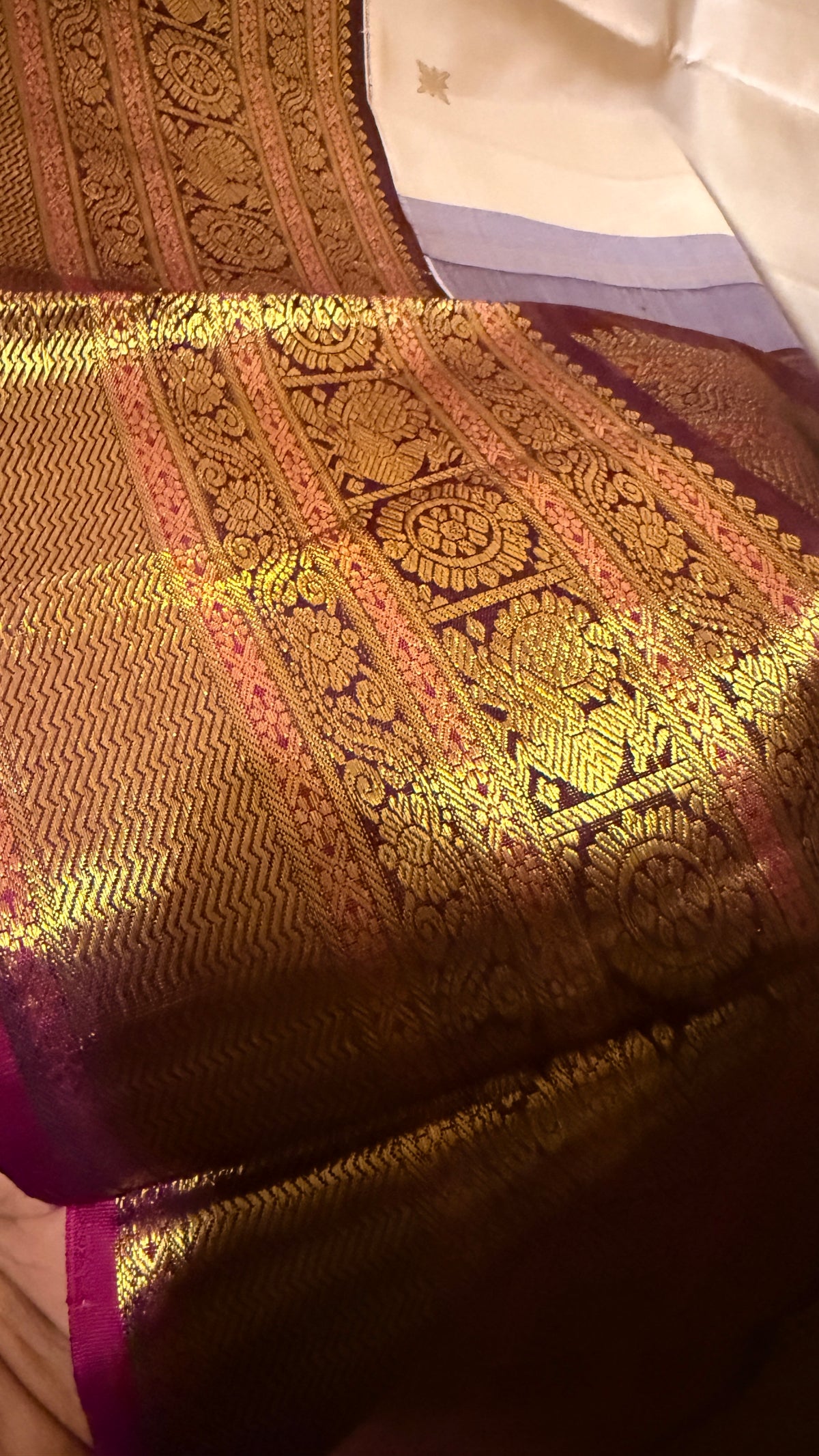 Handloom Kanchivaram handloom pure silk saree, off white with purple border