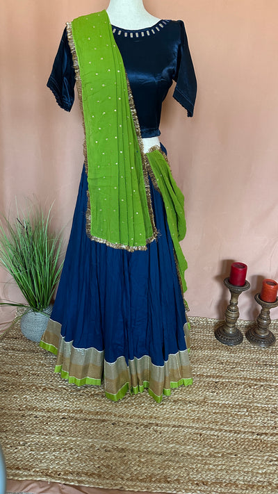 Blue and Olive green 10 m flare skirt for garba with dupatta