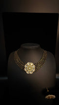 Black beads choker with kundan pendent and earring