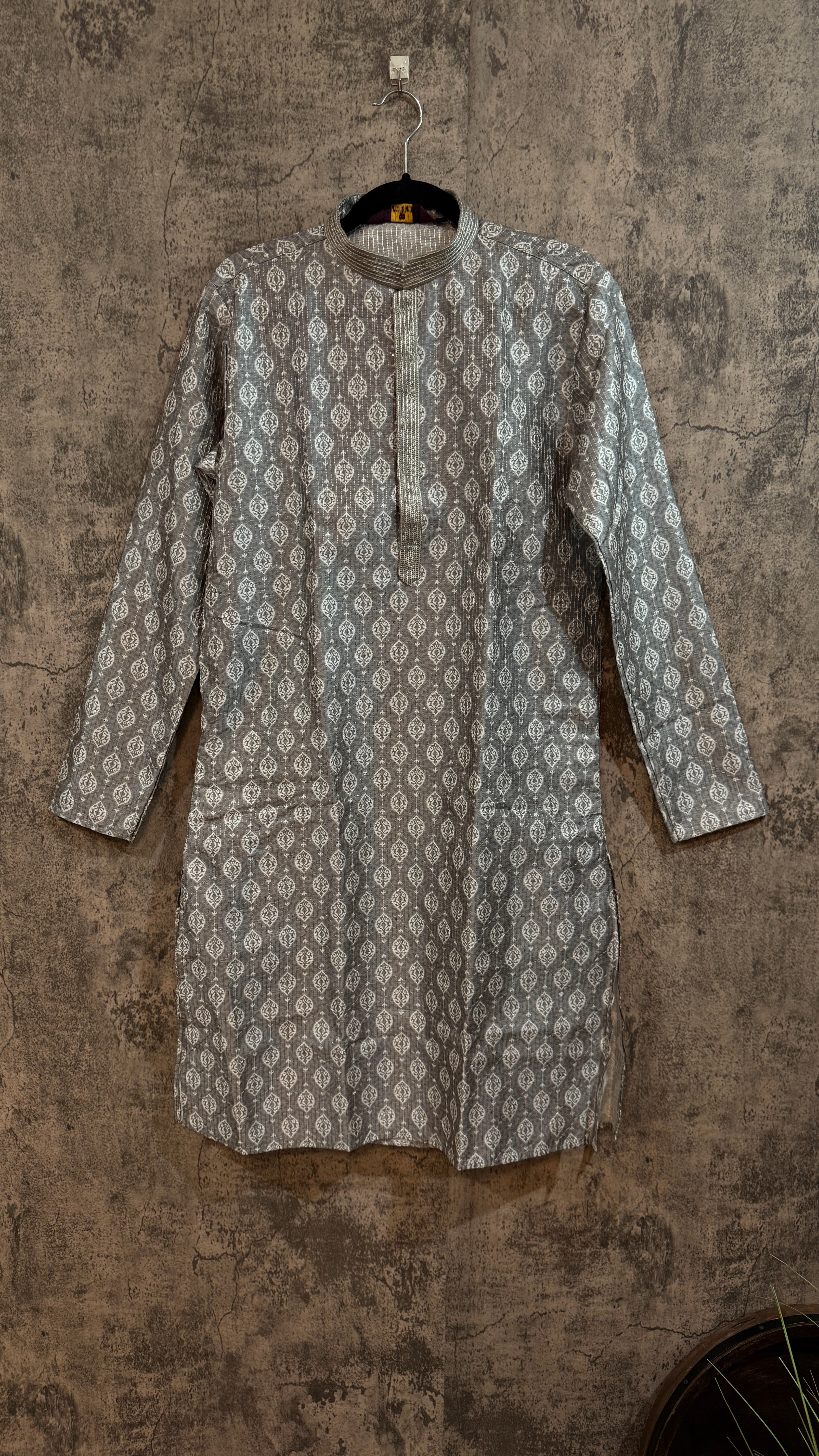 Light grey printed silk kurta with sequins work , with bottom