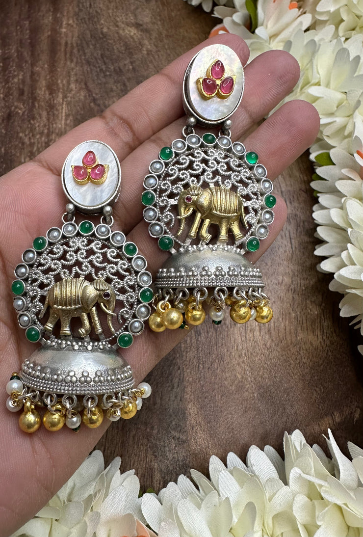 Elephant half jhumka with green stone