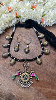 Dual tone necklace with black thread and earring