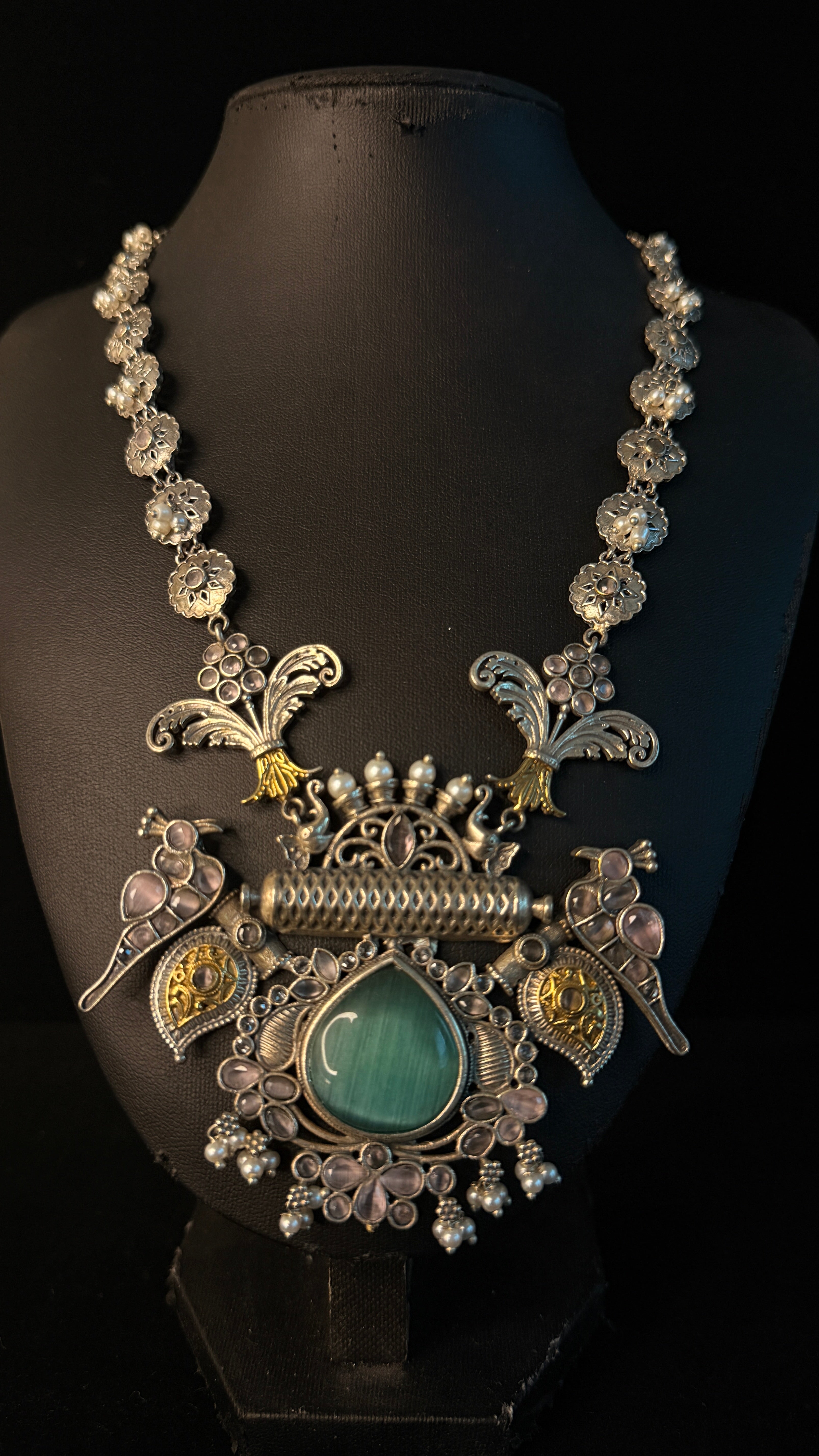 Dual tone necklace with pastel pink and green stones and earring
