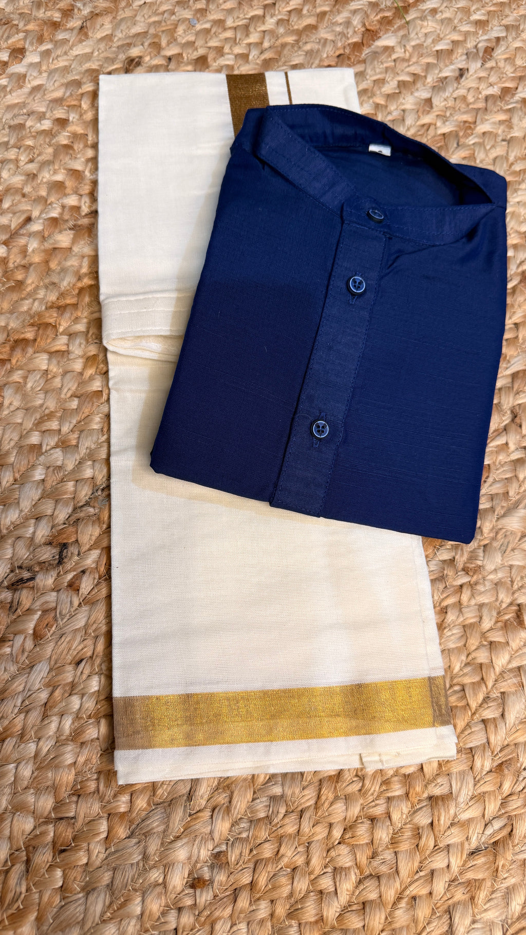 Boys Cotton silk Navy blue short kurta with Velcro mundu