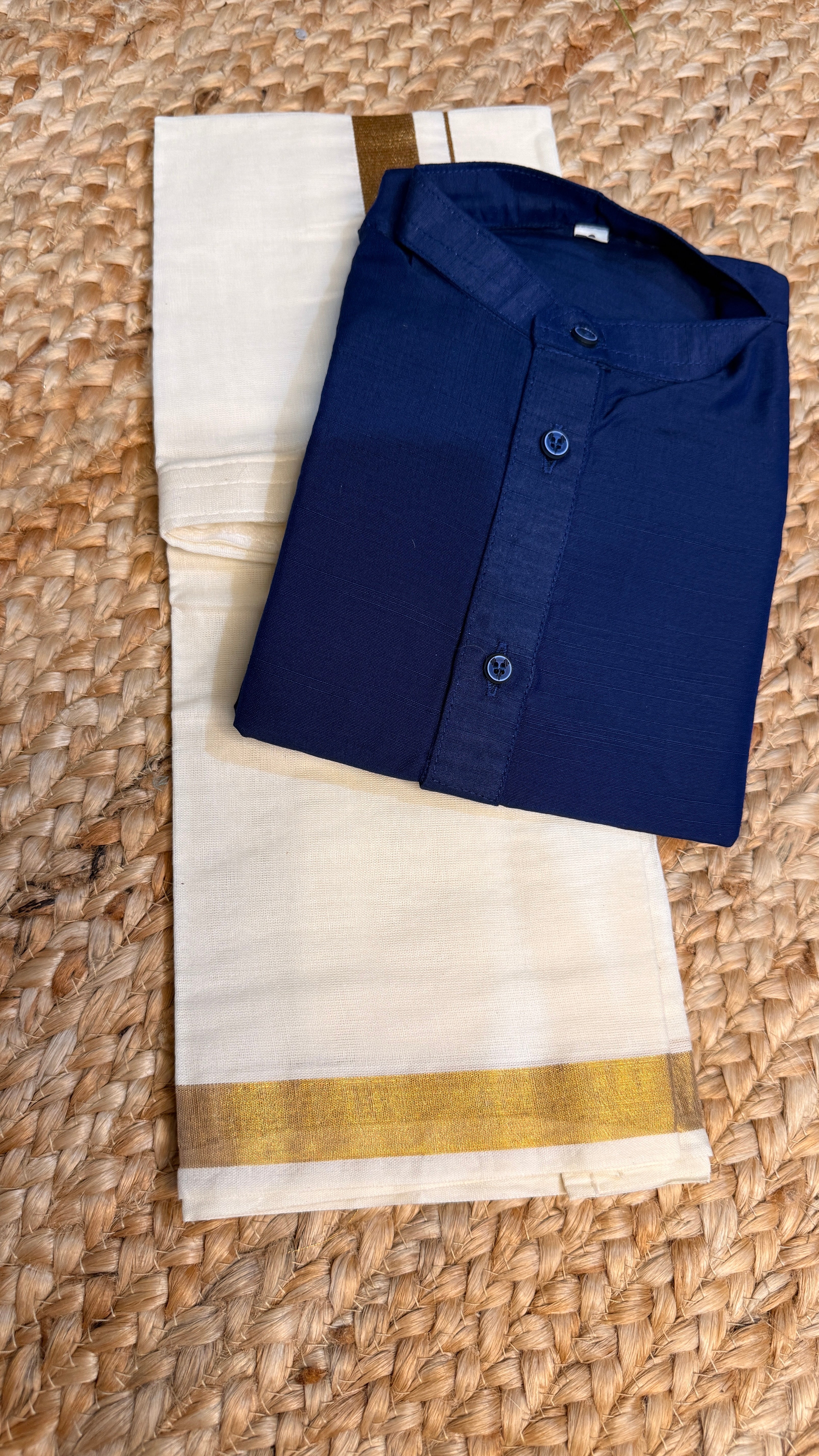 Boys Cotton silk Navy blue short kurta with Velcro mundu