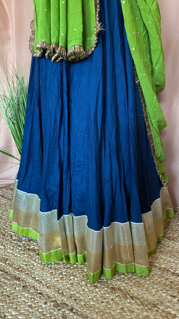 Blue and Olive green 10 m flare skirt for garba with dupatta
