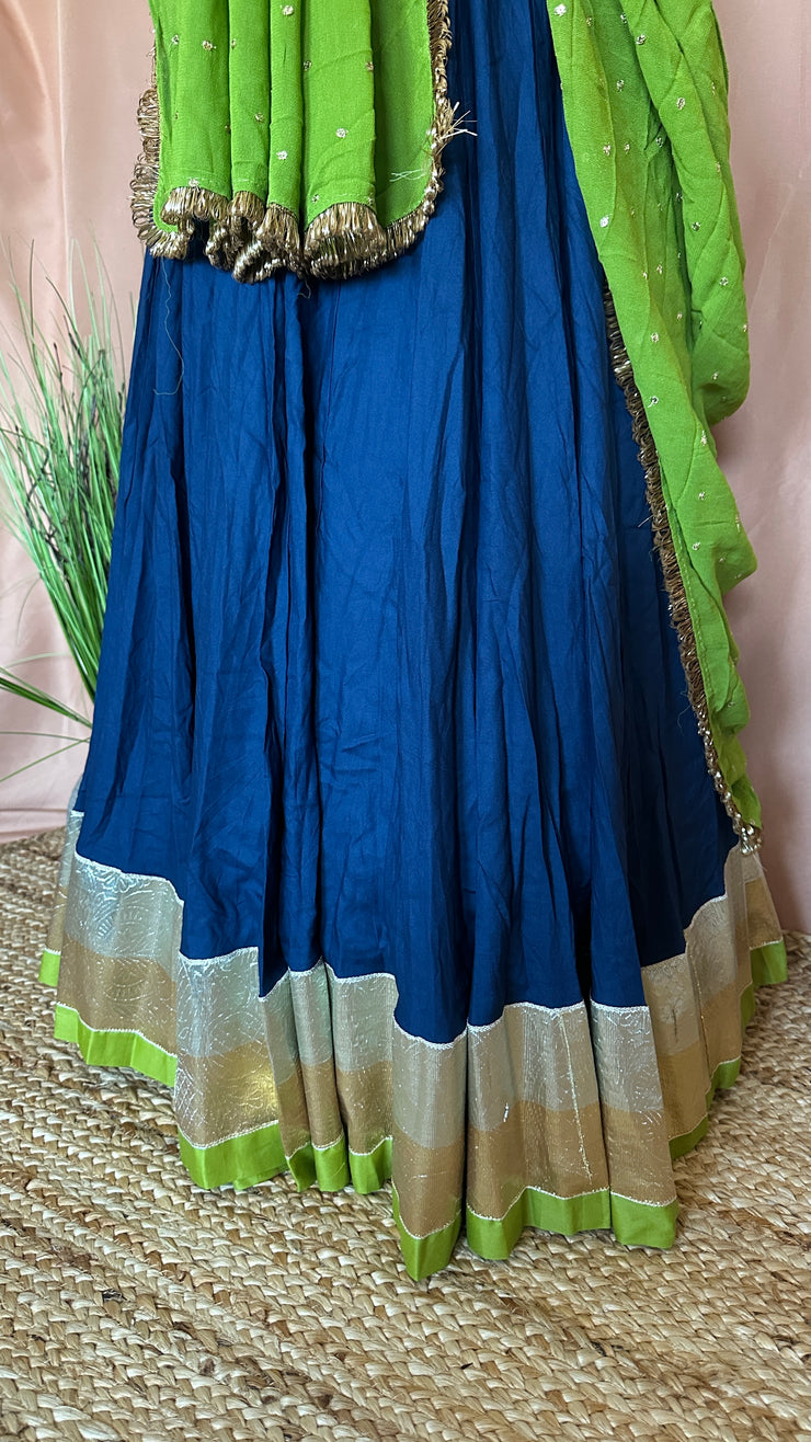 Blue and Olive green 10 m flare skirt for garba with dupatta