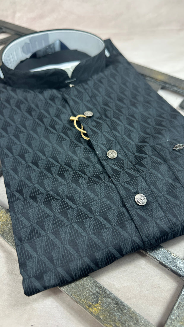 Black printed cotton silk short kurta