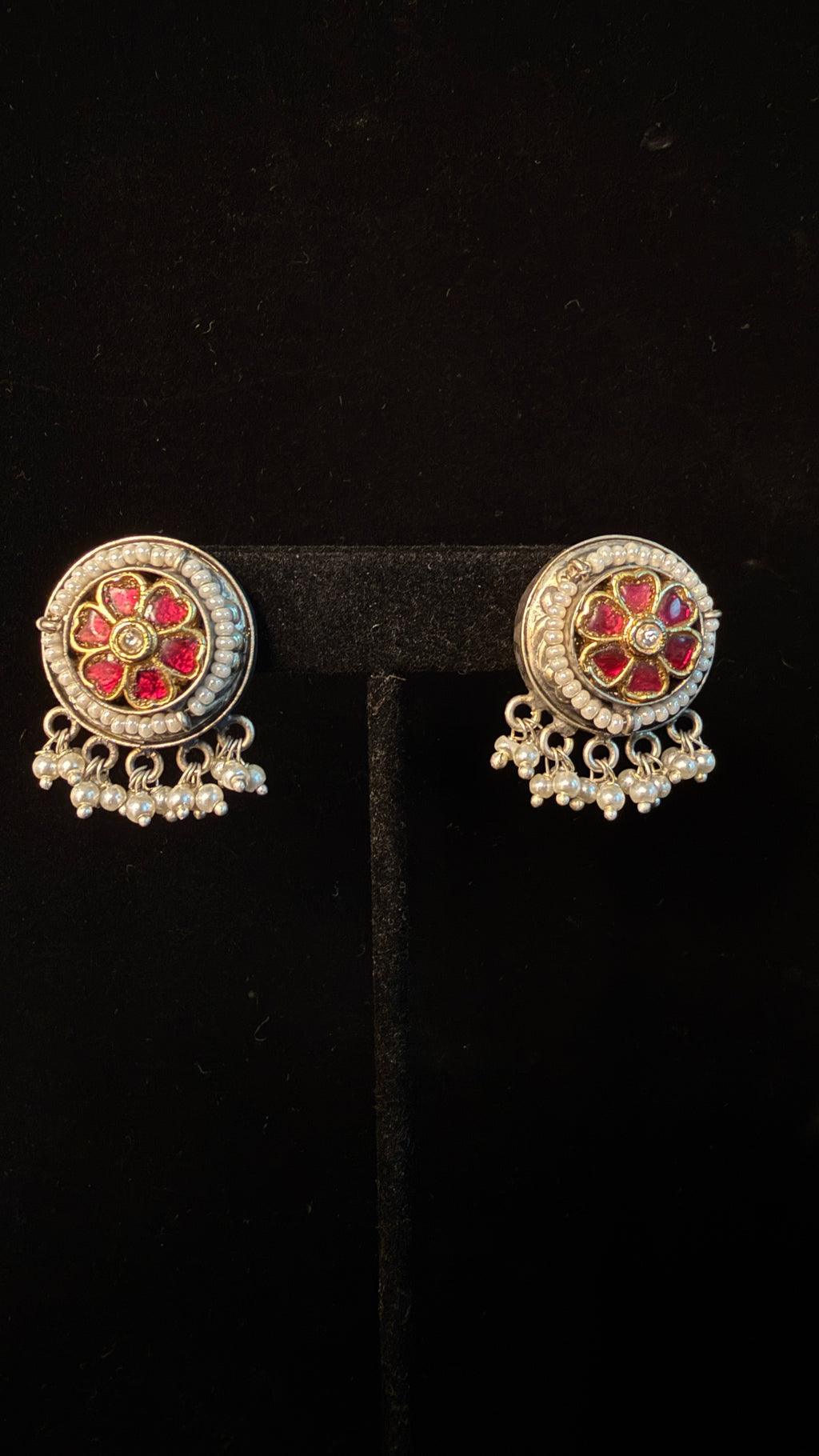 Dual tone necklace with blue and pink stones and earring