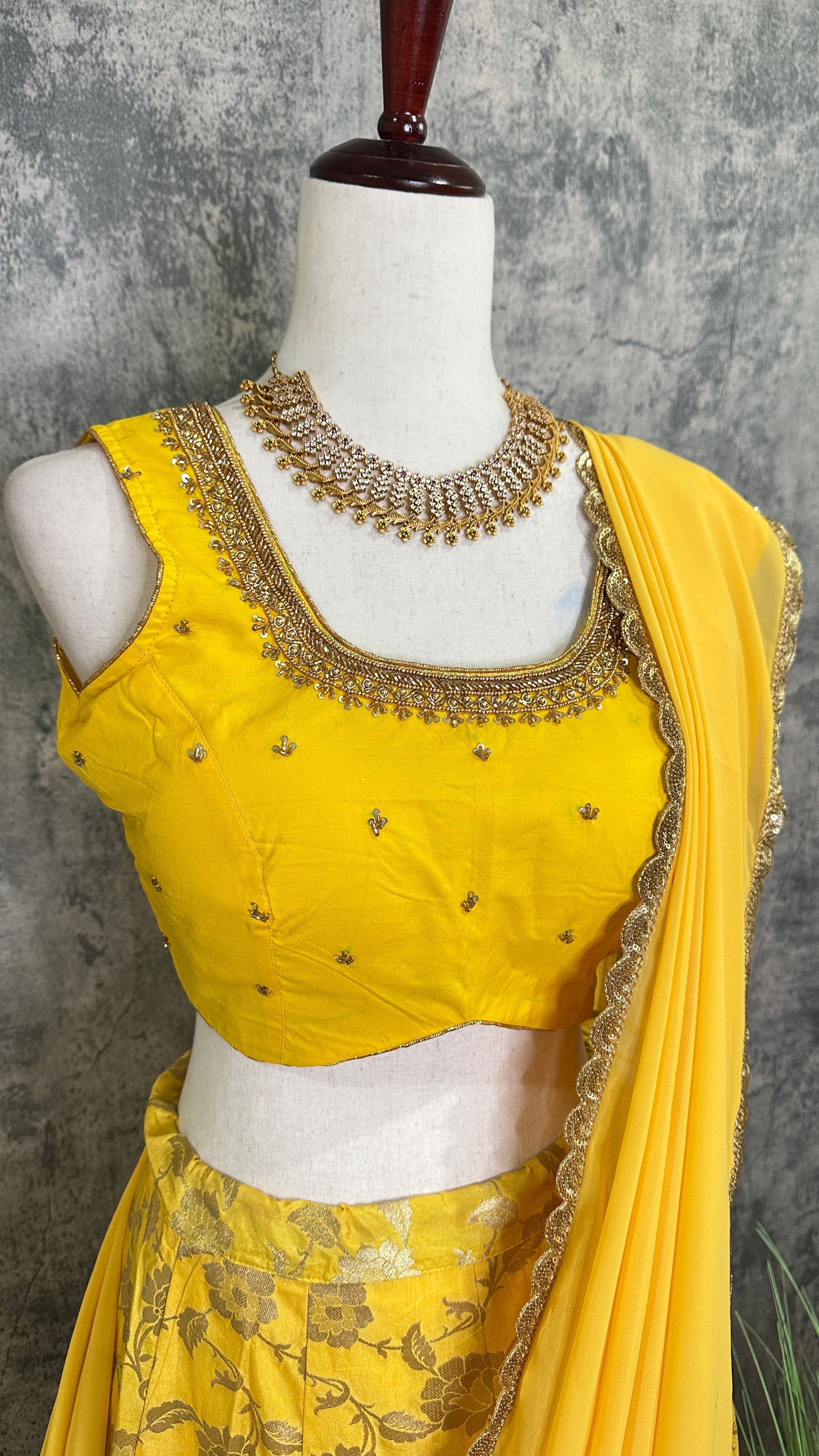 Yellow Banarsi Skirt with Blouse and Dupatta