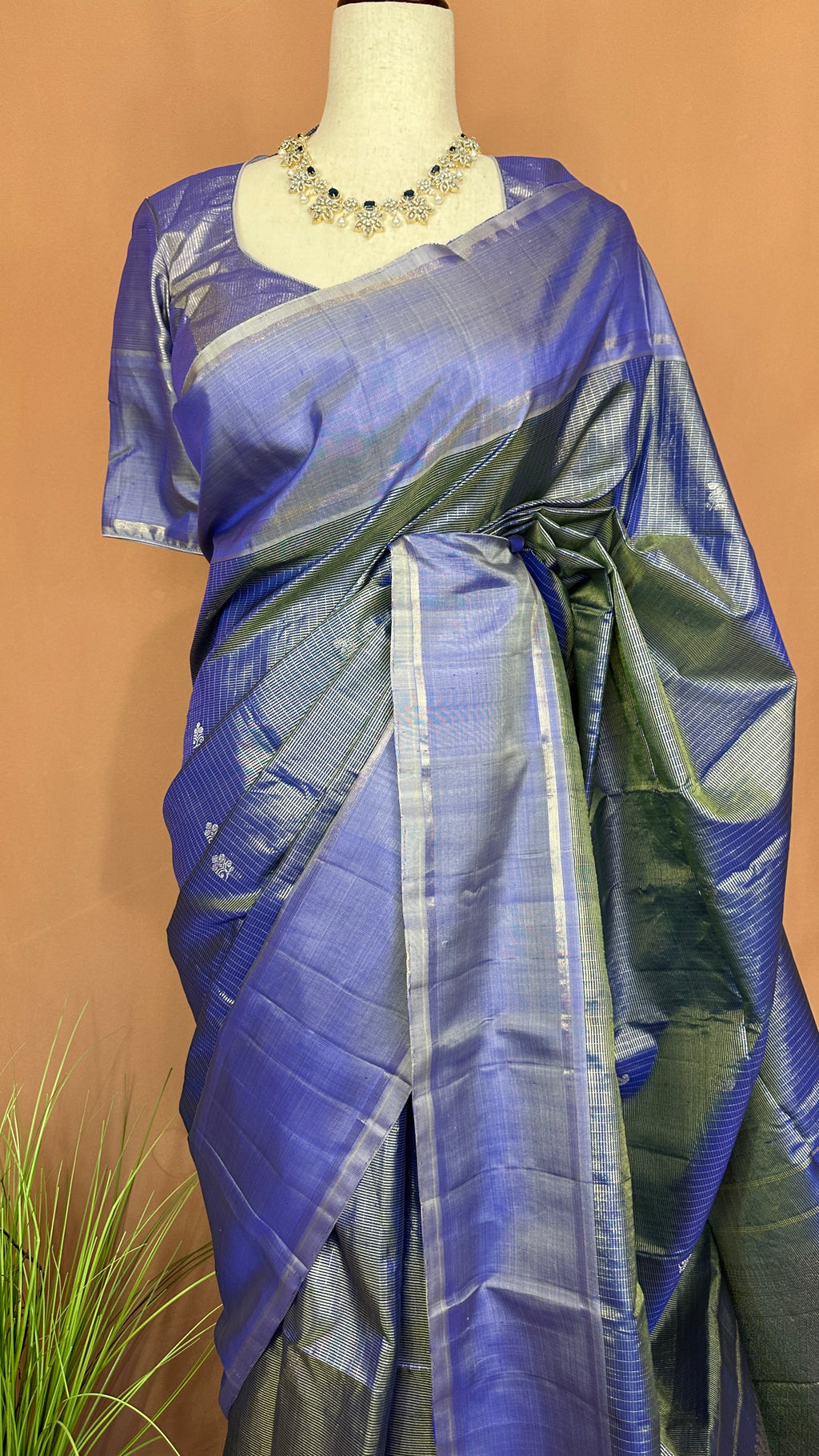 Periwinkle Handloom Pure Silk Tissue Kanchivaram Saree With Stitched Blouse