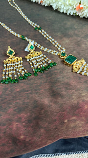 Pearl necklace with Green stone and chandlier earrings