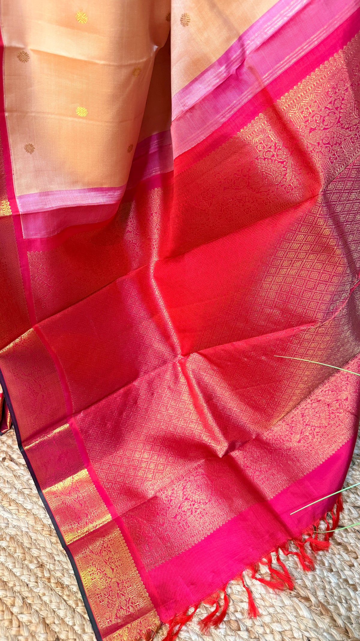 Handloom sandal kanchivaram pure silk saree with pink korvai border