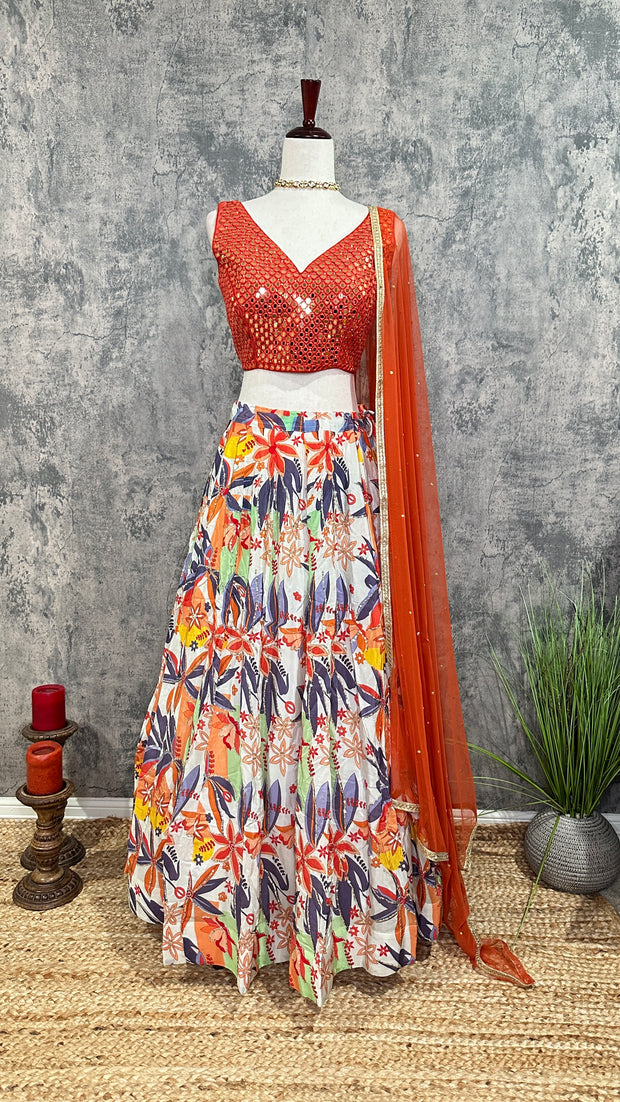 Orange and white lehanga