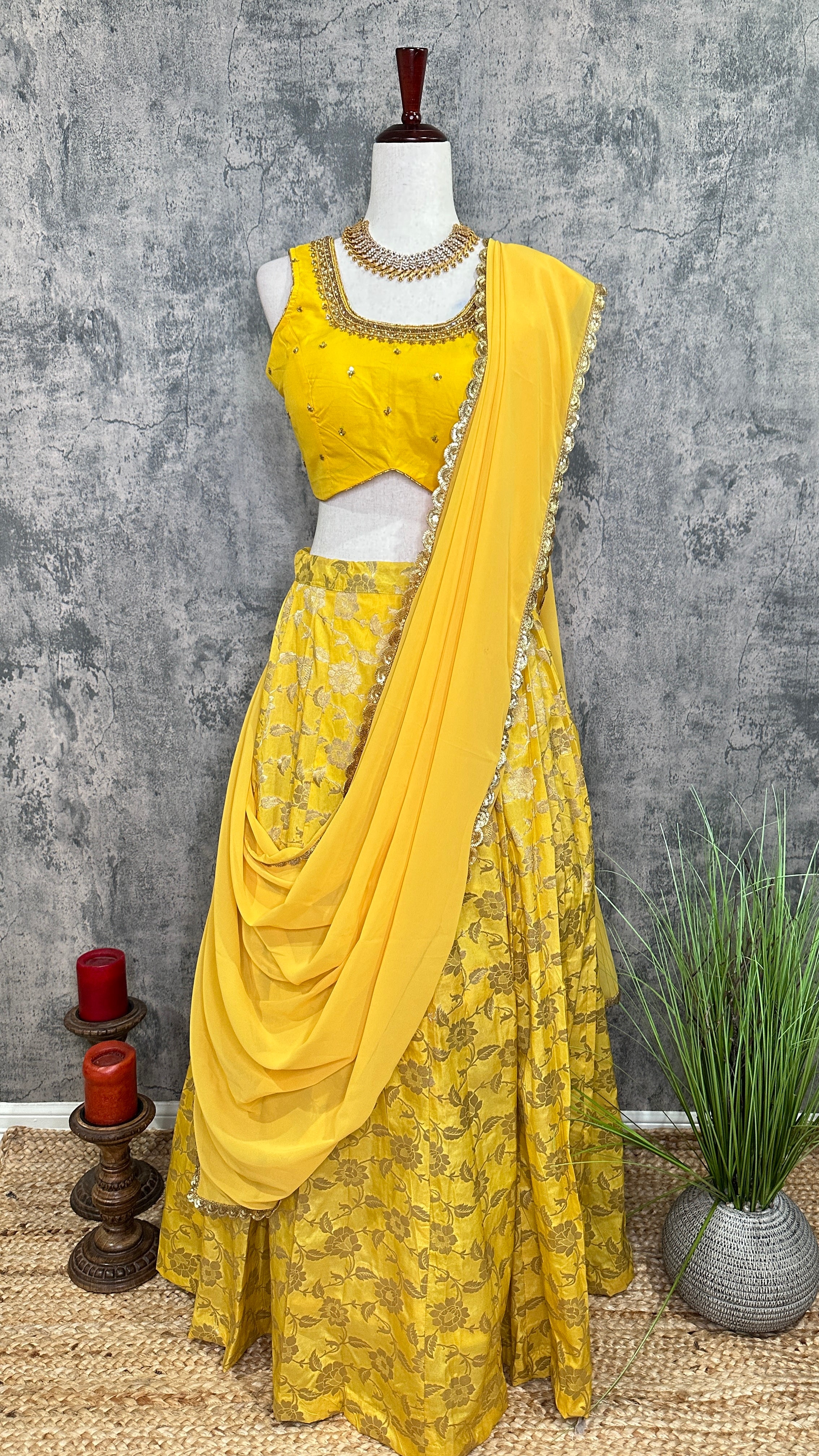 Yellow Banarsi Skirt with Blouse and Dupatta