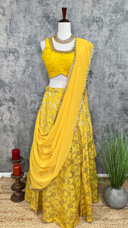 Yellow Banarsi Skirt with Blouse and Dupatta