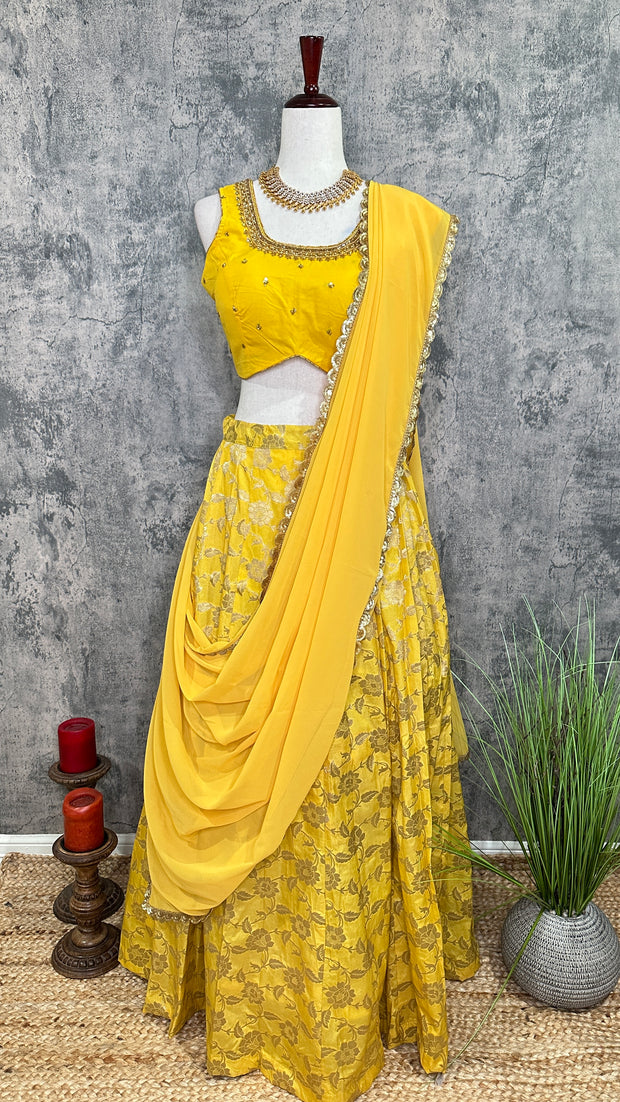 Yellow Banarsi Skirt with Blouse and Dupatta