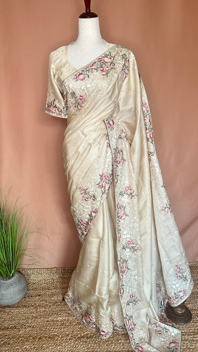 Soft tussar silk saree with embroidered border with stitched blouse