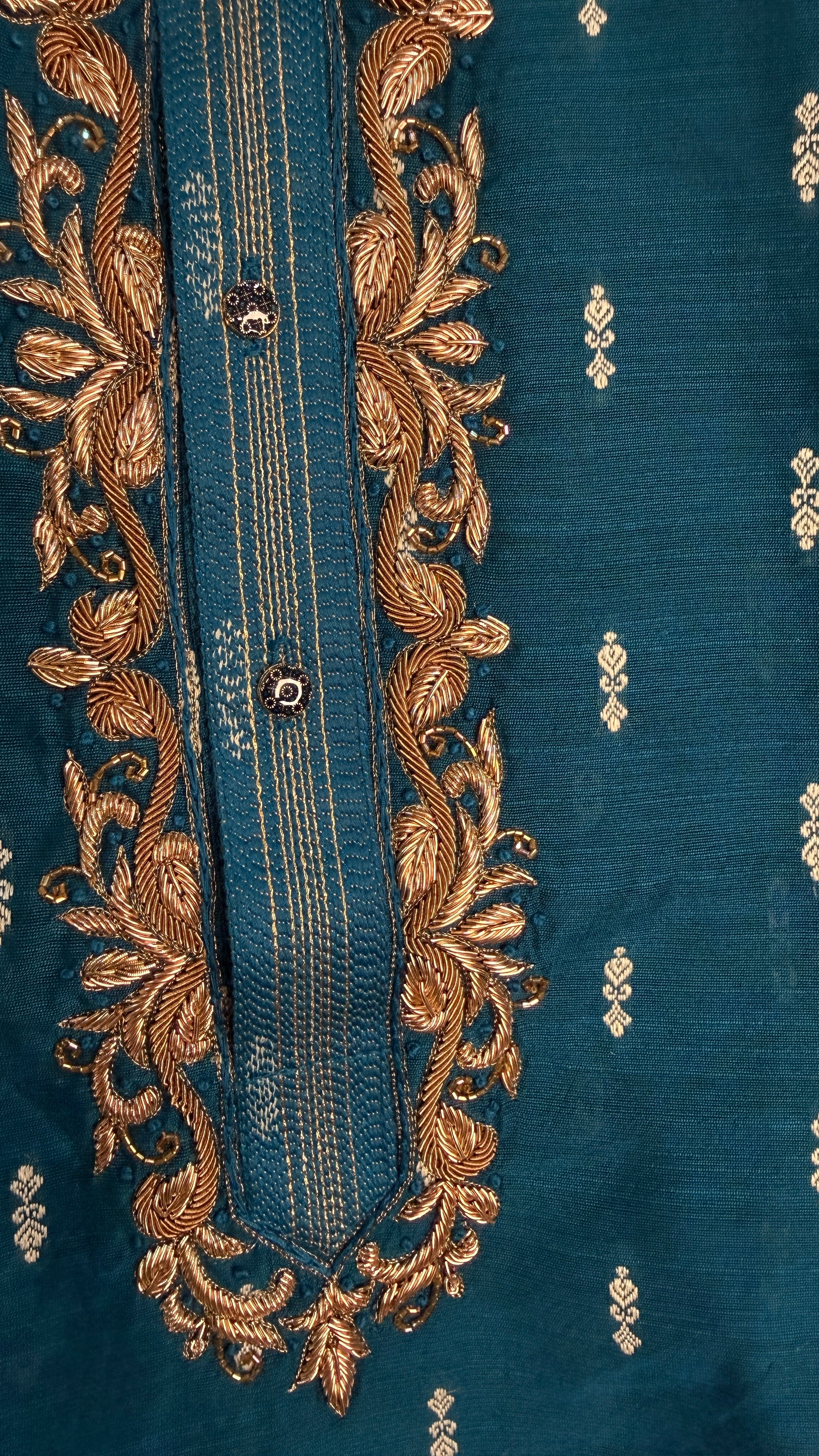 Peacock blue Silk kurta with zardosi hand work
