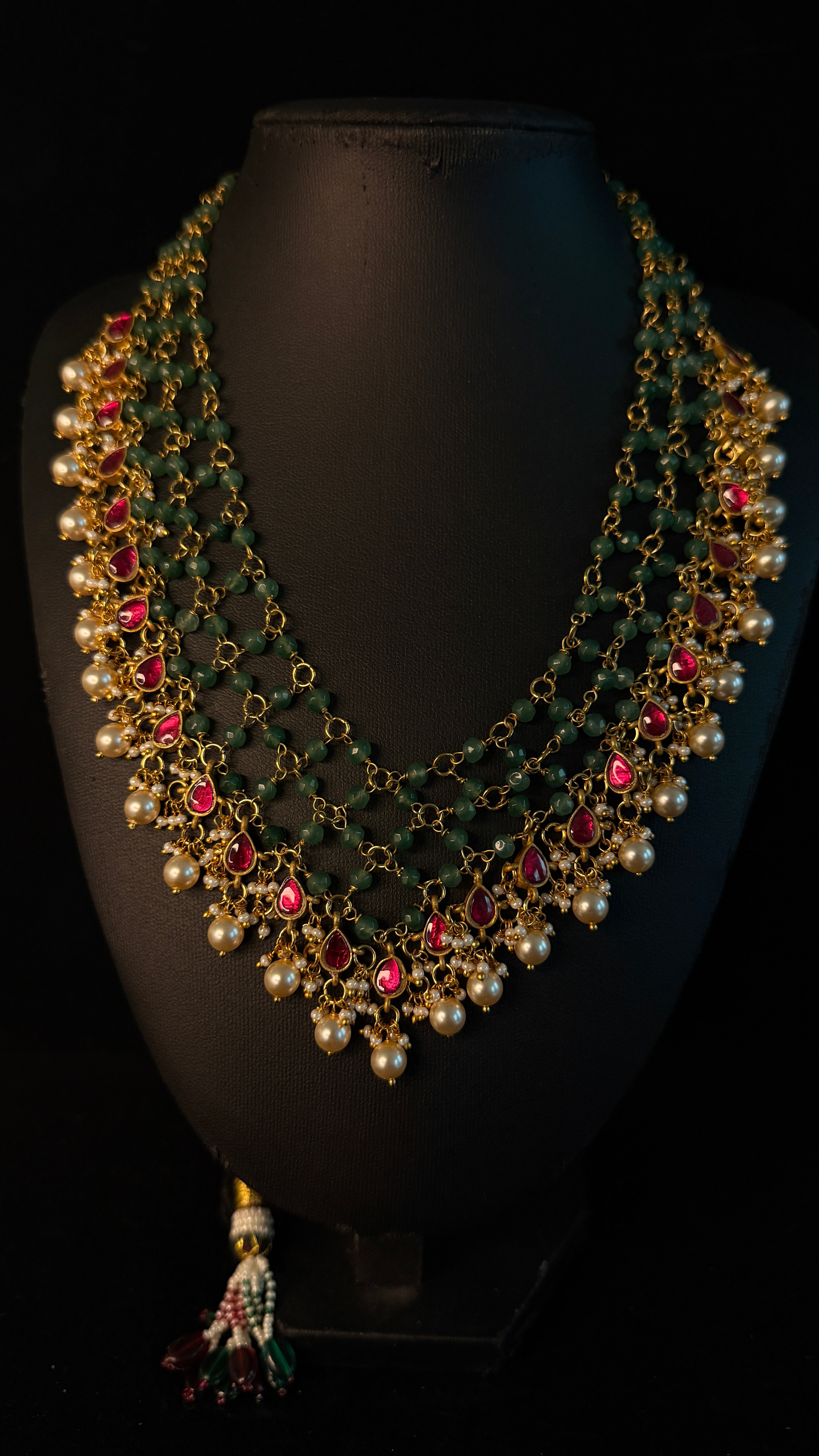 4 layer necklace with real pearl, semi precoius stone and kundan