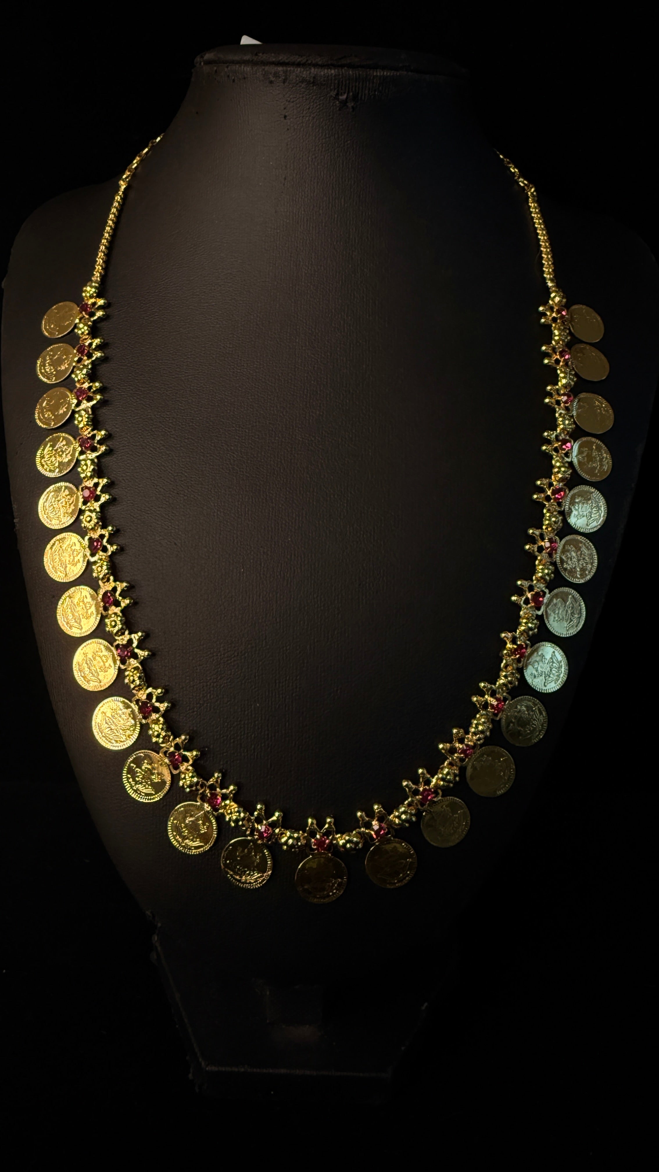 1gm gold plated Kasu mala with pink stone