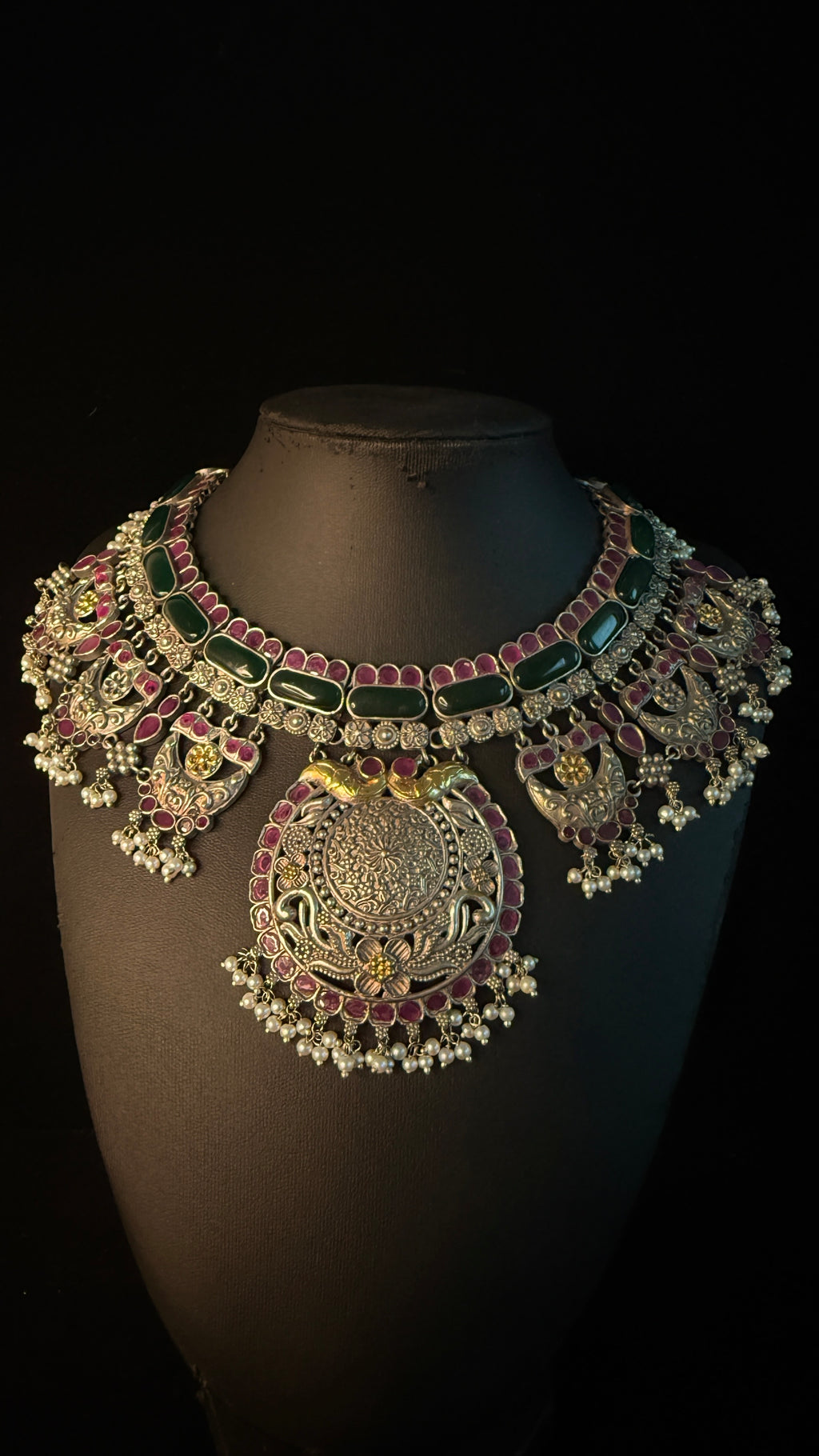 Dual tone necklace with green and pink stones and earring
