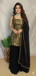 Black Banarsi brocade silk short kuti with flared palazzo