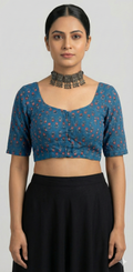 Cotton Indigo blouse with Maroon patch work and hand emroidery