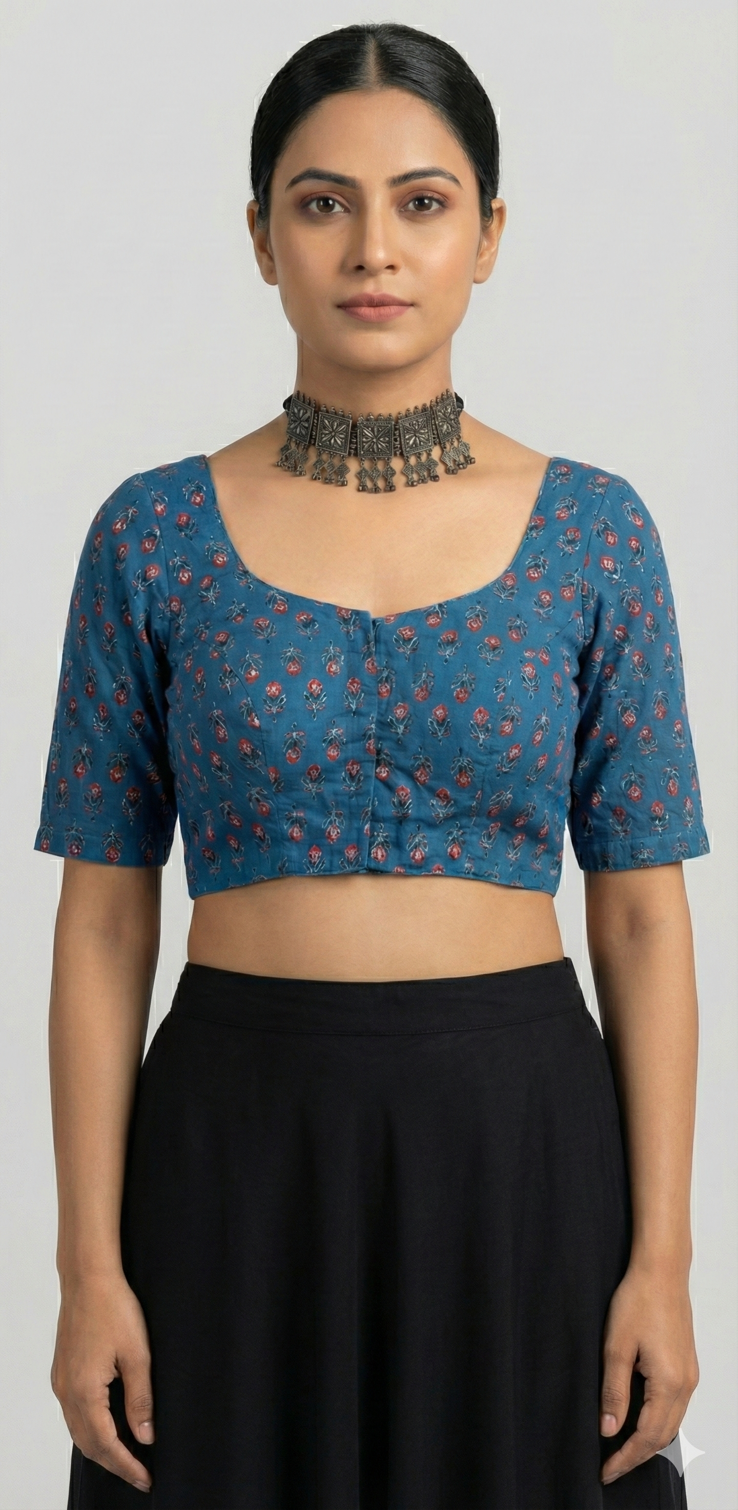 Cotton Indigo blouse with Maroon patch work and hand emroidery