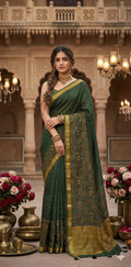 Green and yellow  blended  tussar silk saree with digital print and highlighted kantha work, includes BP