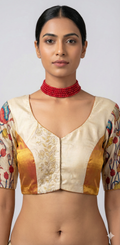 Sandalwood color silk blouse with pichwai and kantha work