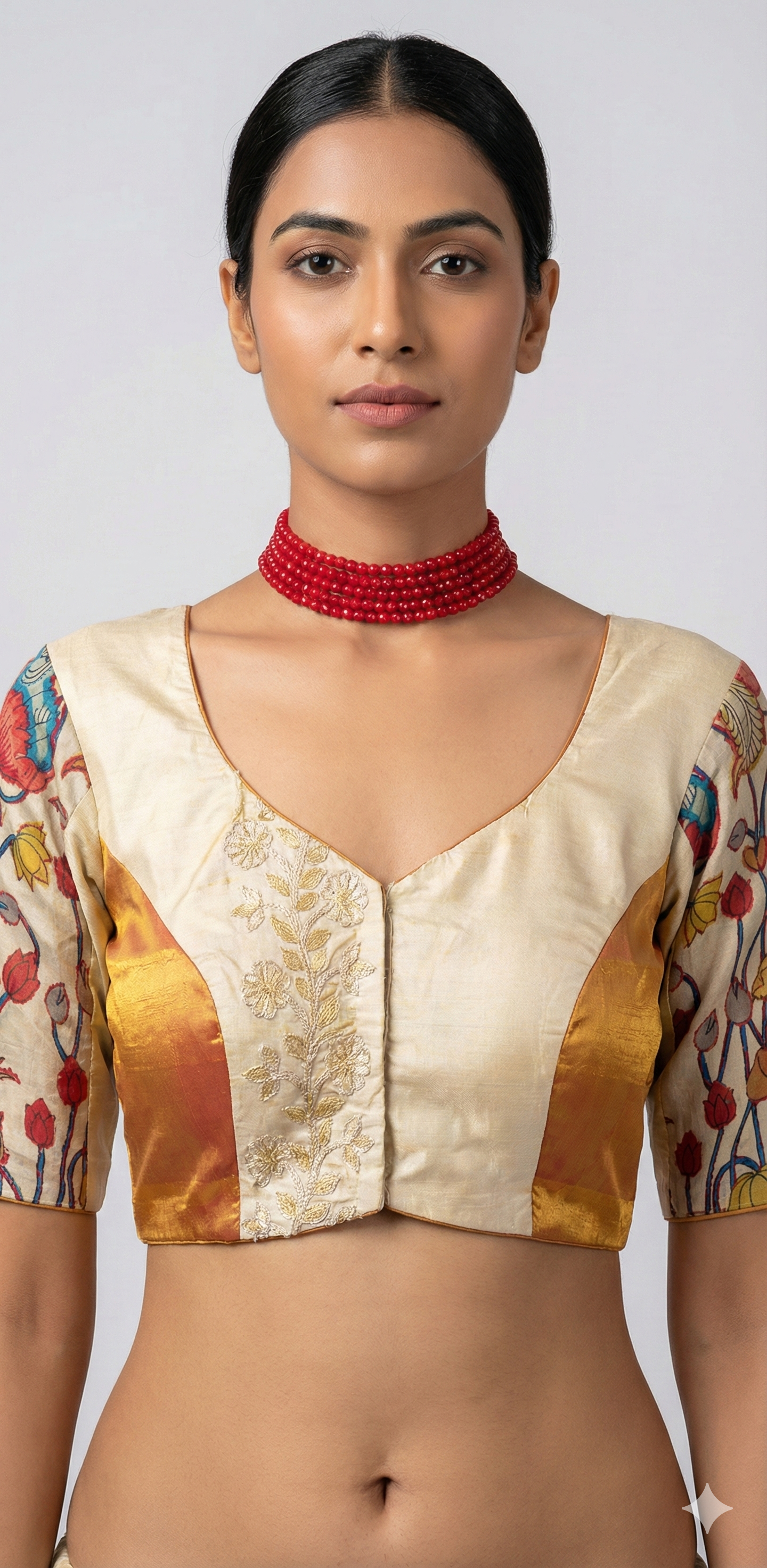 Sandalwood color silk blouse with pichwai and kantha work