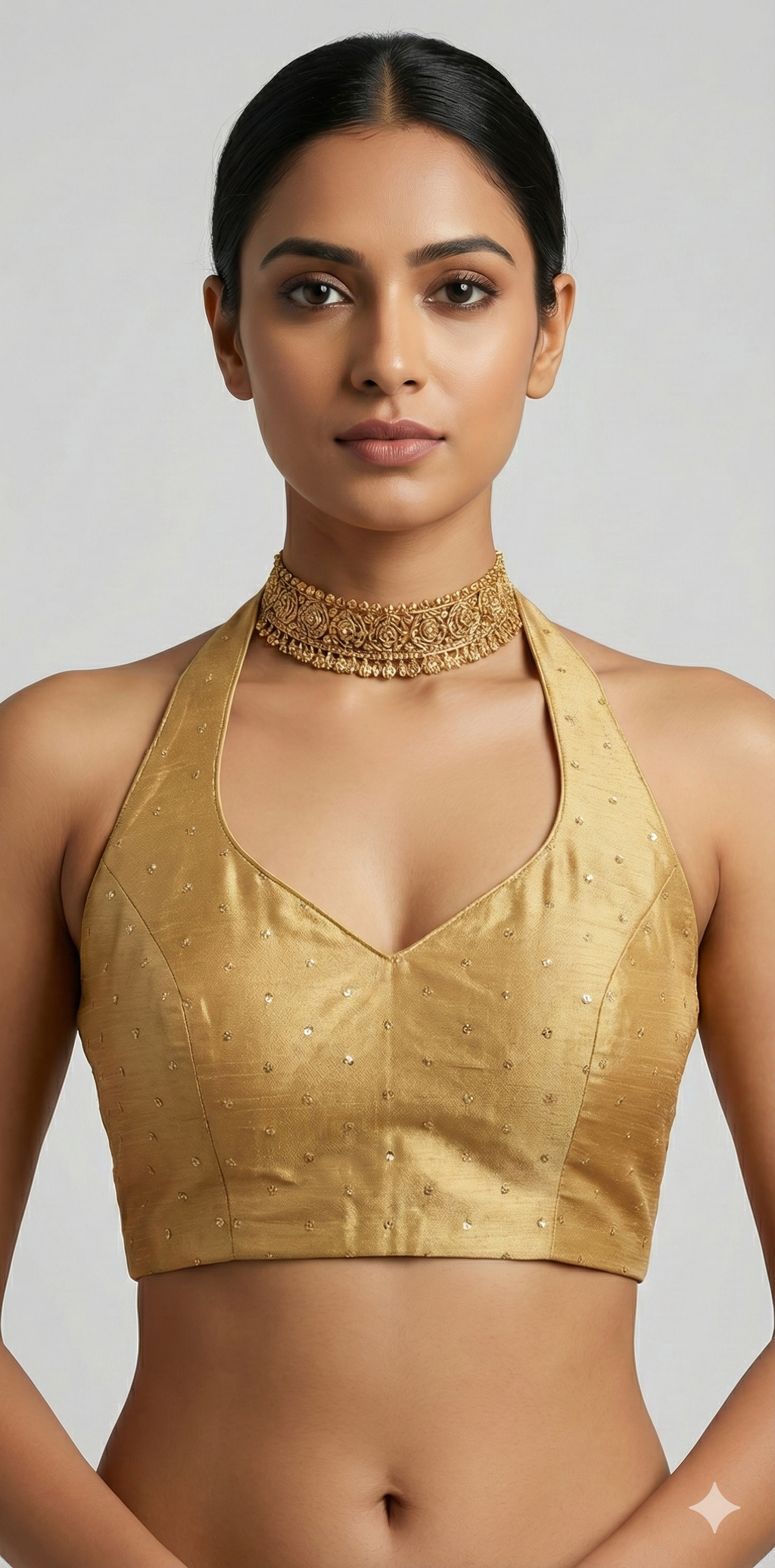 Gold tissue halter neck blouse