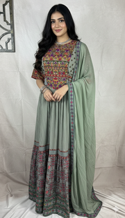 Grey gown with multi color embroidery