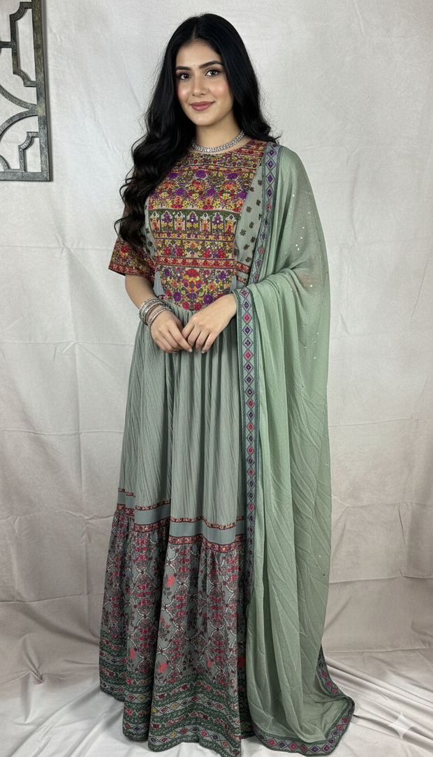 Grey gown with multi color embroidery