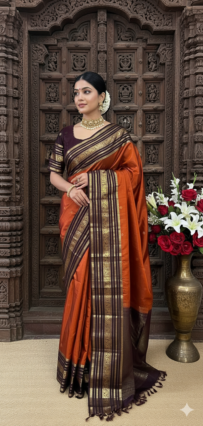 Orange and brown combo kanchivaram silk saree with stitched blouse