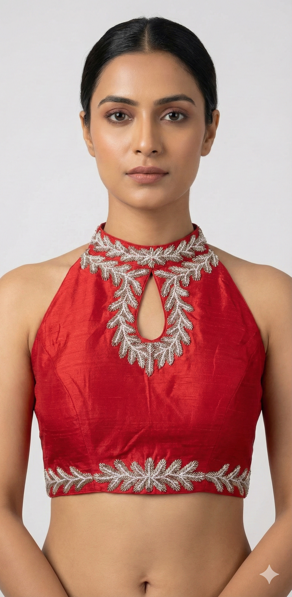 Red halter neck blouse with bead work