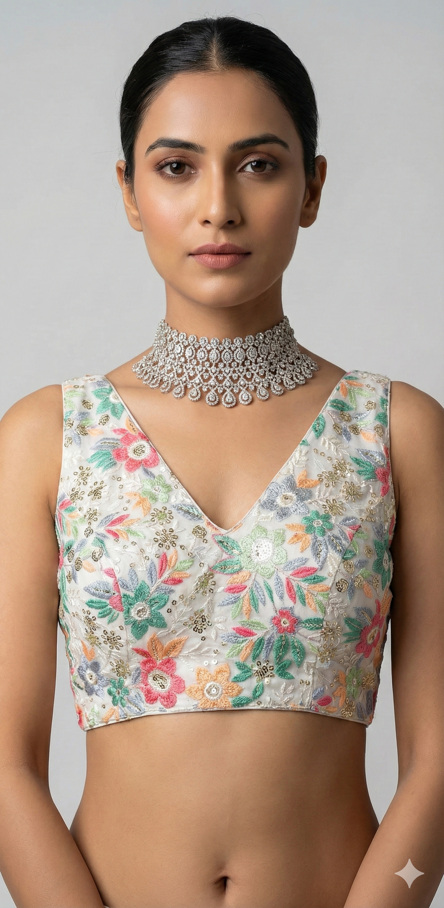 White multi color floral embroidery sleeveless blouse