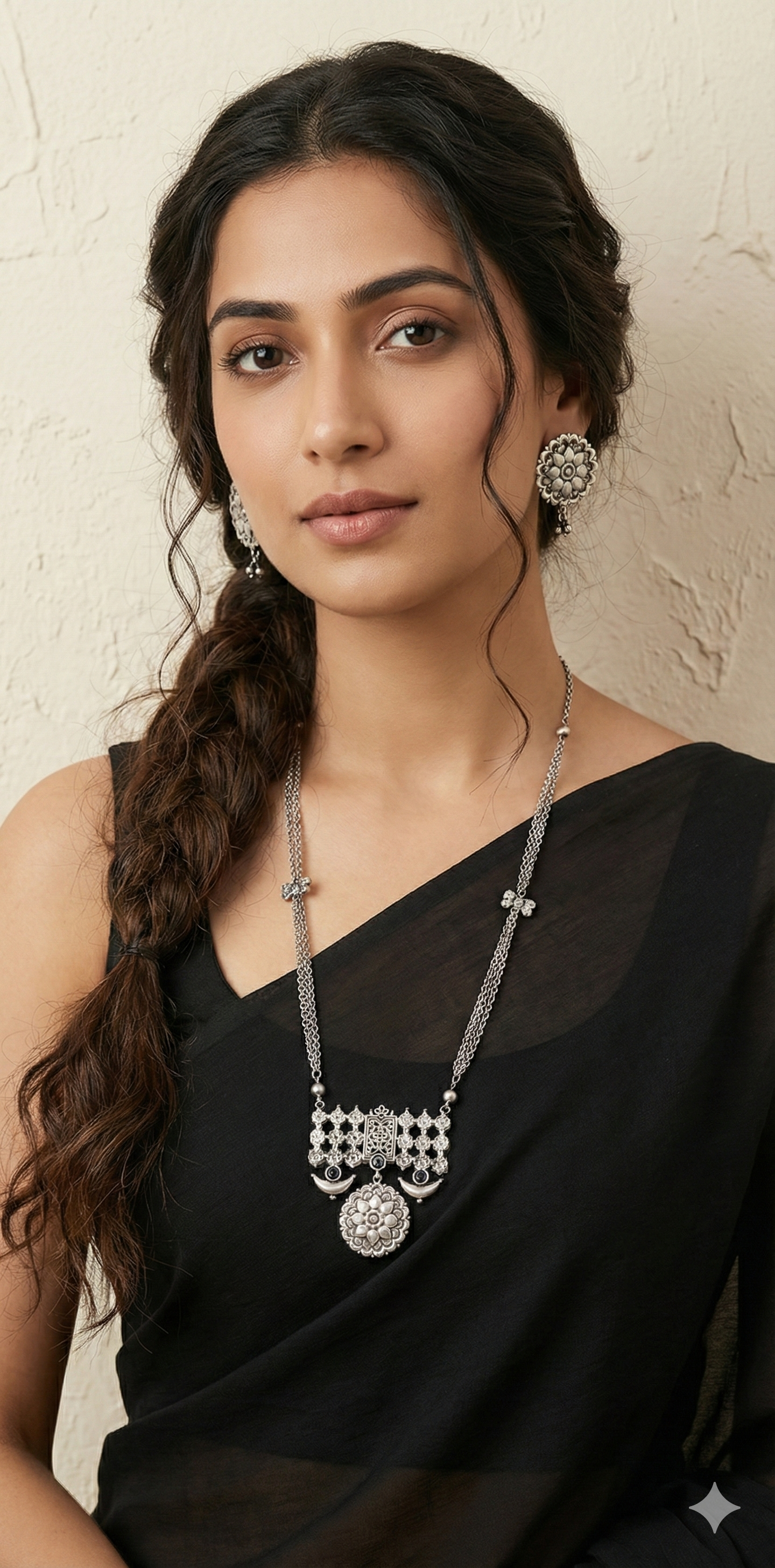 Silver replica necklace and earring - with white stone