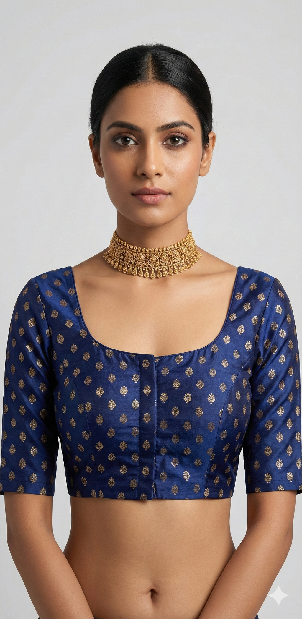 Navy blue brocade silk blouse