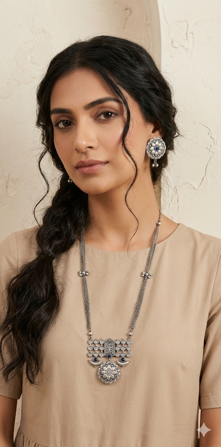 Silver replica necklace and earring - with blue stone