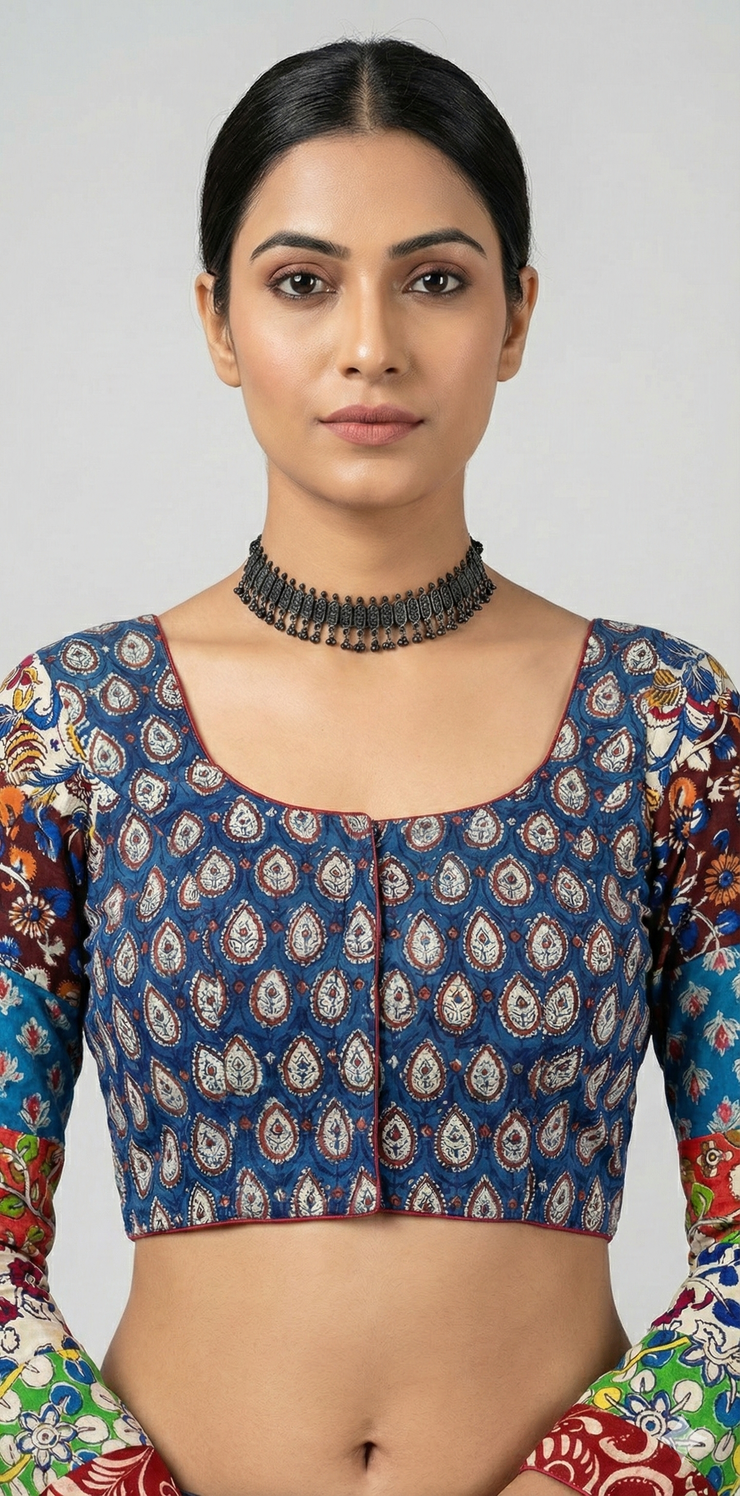 Indigo blue long sleeve blouse with patch work