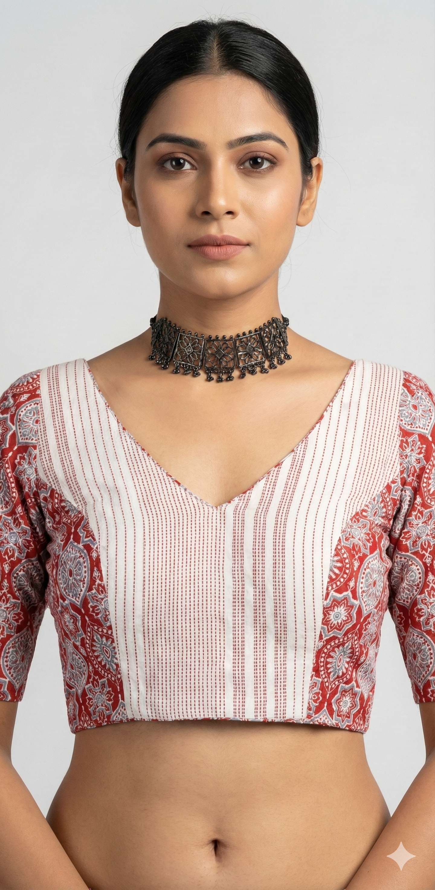 Offwhite and red cotton Ajrakh print blouse