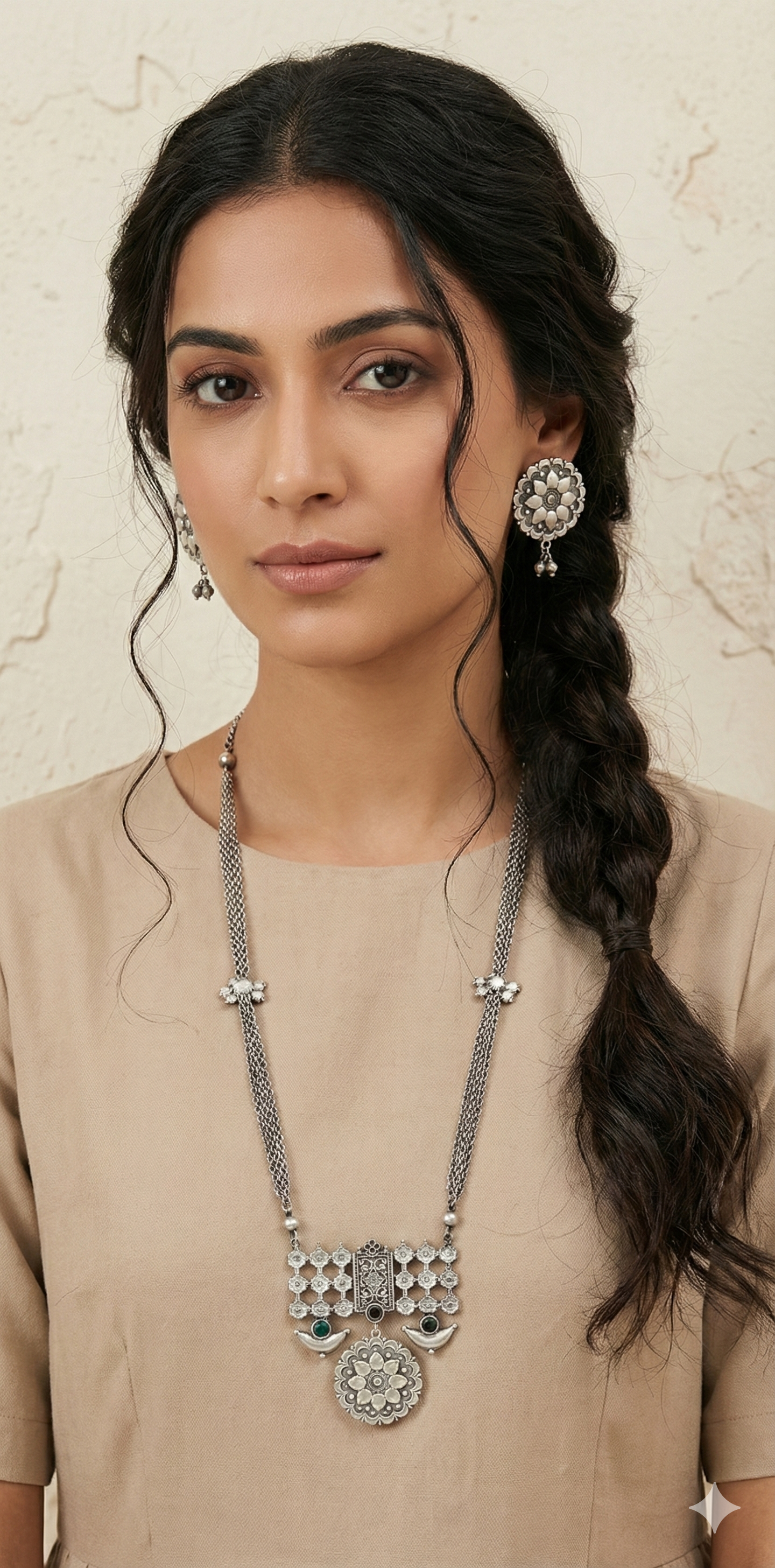 Silver replica necklace and earring - with green stone