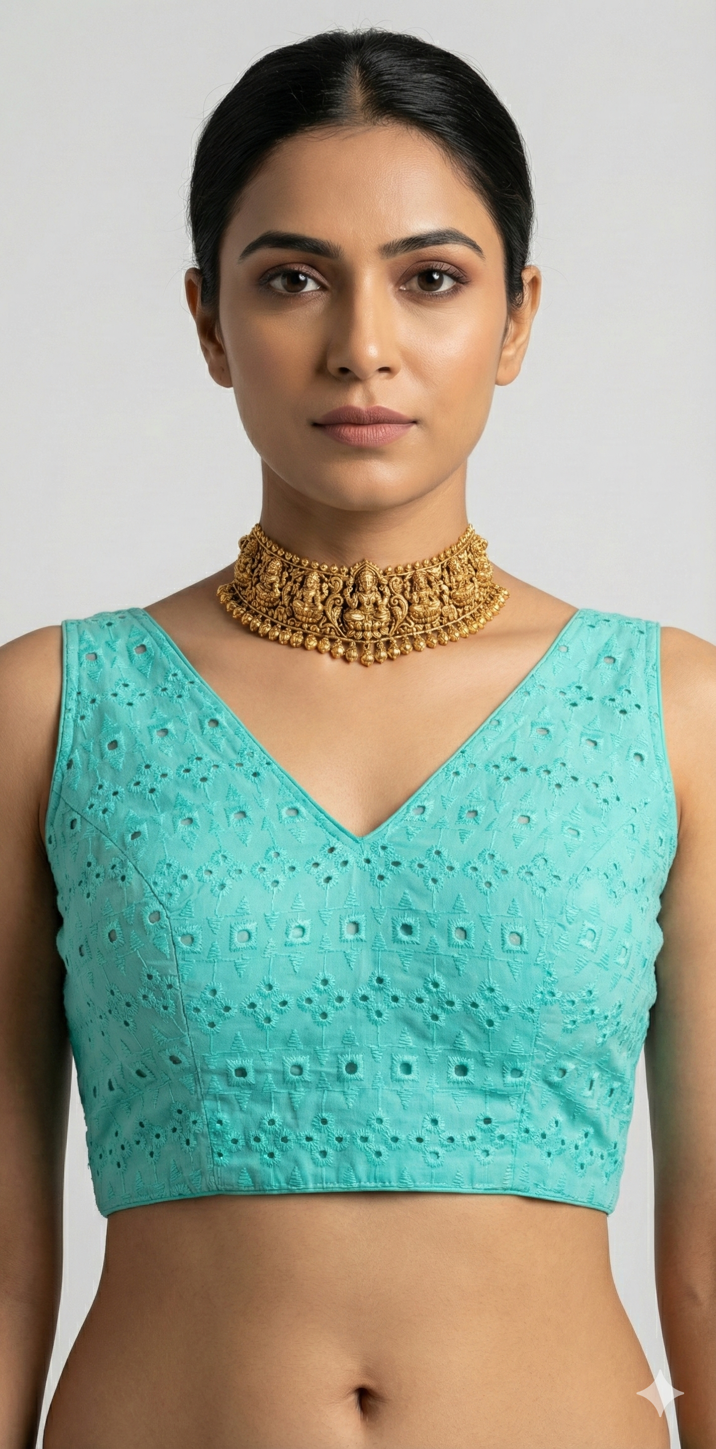 Turquoise hakoba cotton blouse with cut work