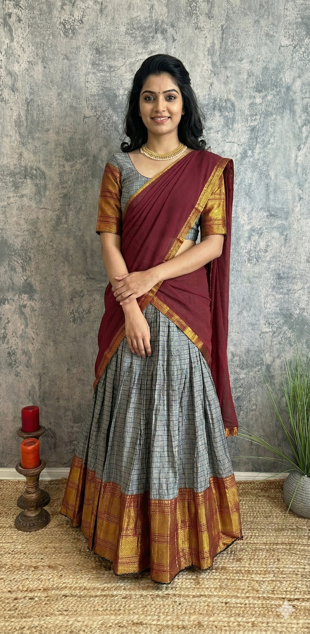 light grey narayanpettu half saree set