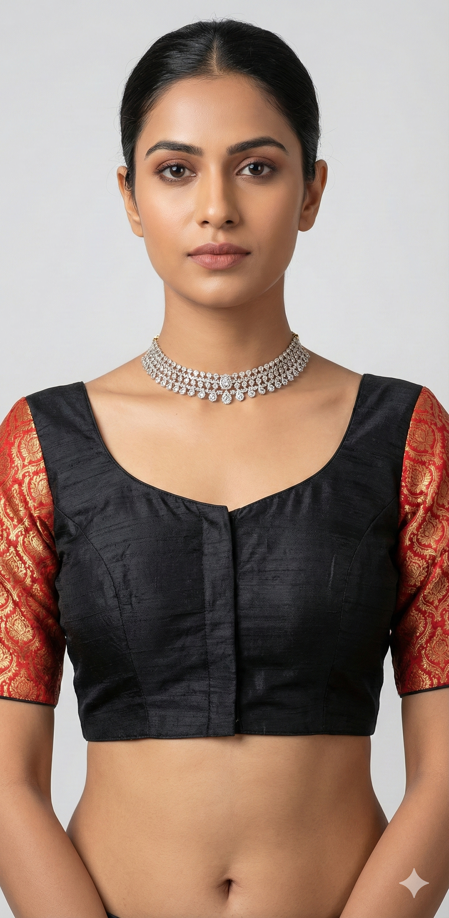 Black raw silk blouse with red brocade sleeves